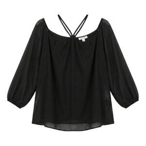 NWT | Black Sheer Sleeve Top | Cross Strap Detail | Chiffon Sleeve | Medium